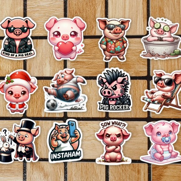 Pink Pig Sticker Pack of 12 Vinyl Stickers - Waterproof Die Cut Animal Stickers - Picture 1 of 4